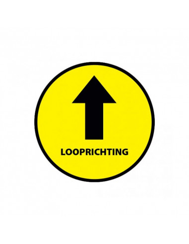 Vloersticker pijl + tekst looprichting geel/zwart Ø200mm